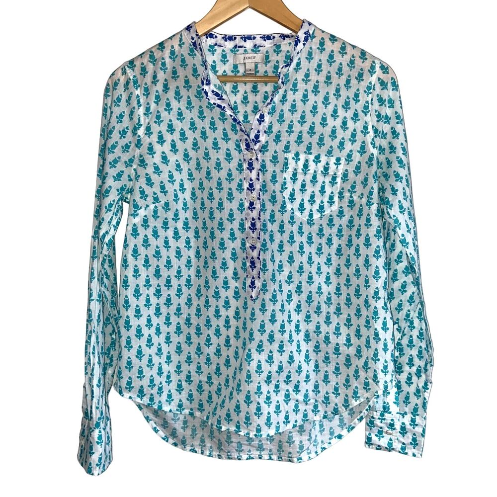 J Crew Blouse Women 4 Cotton Novelty Popover Pocket Popover - Picture 1 of 5